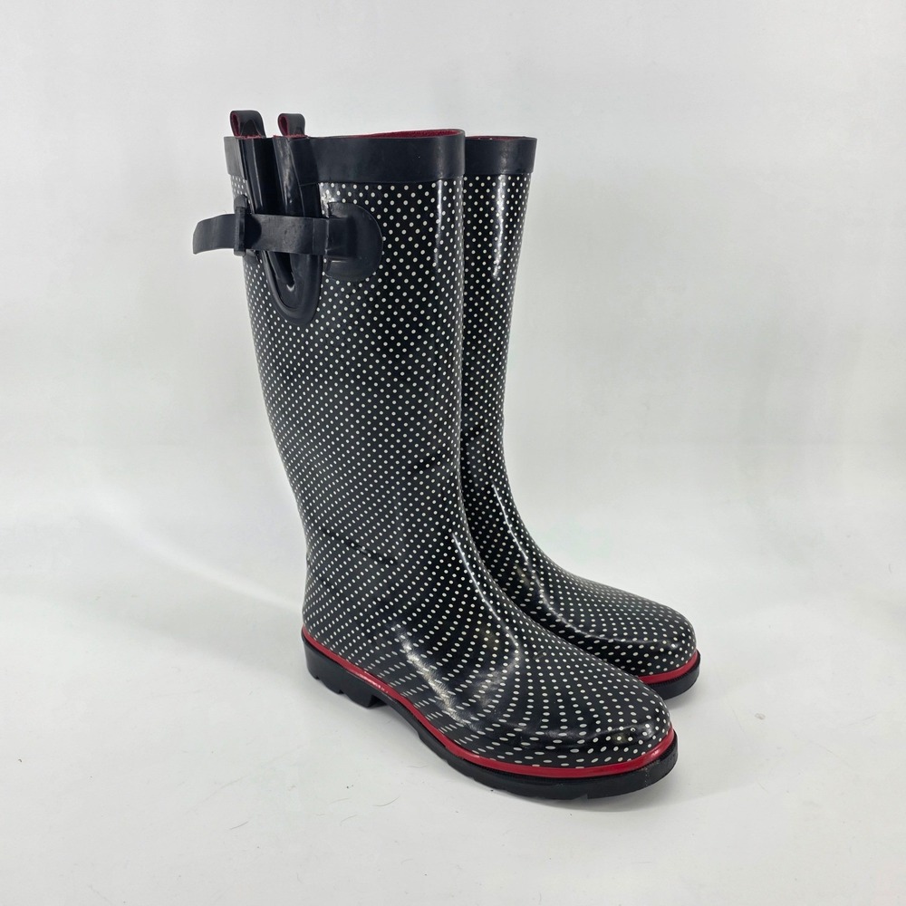 Capelli New York Womens Polka Dot Rain Boots Black White Red Size 8 US 39 EUR